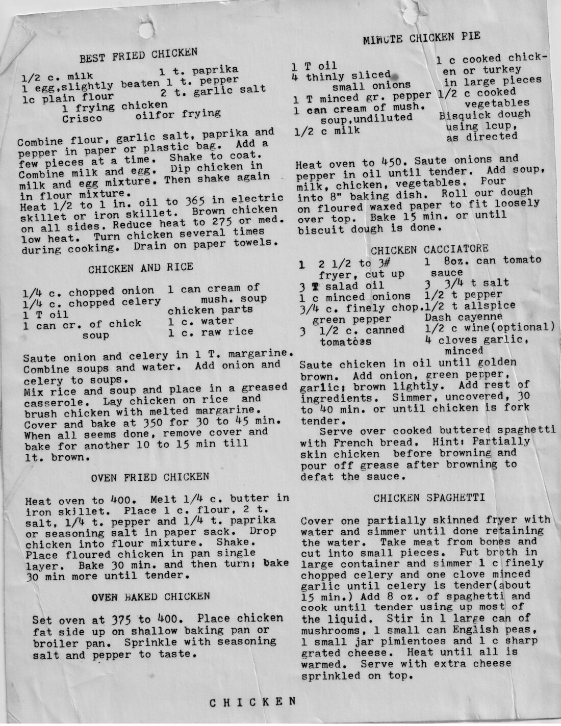 Betty’s original typed “Chicken” page — Chicken Spaghetti is on it, alongside the rest of her chicken recipes (Best Fried Chicken, Chicken & Rice, Oven Fried and Oven Baked Chicken, Minute Chicken Pie, and Cacciatore).