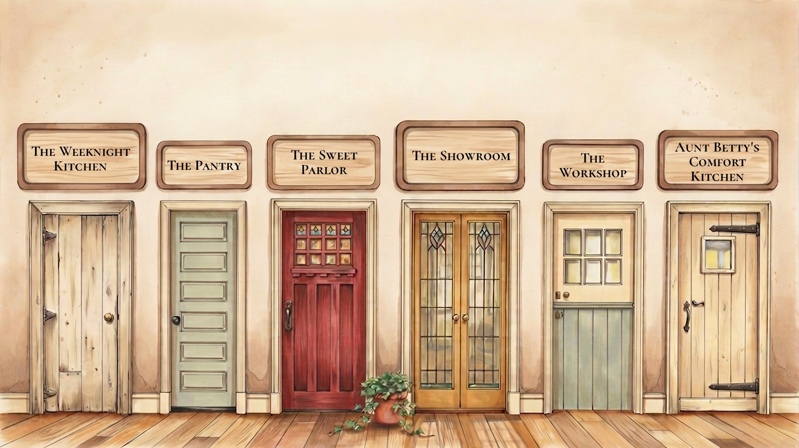 A hand-painted hallway of six doors, each with a wooden hanging sign: The Weeknight Kitchen, The Pantry, The Sweet Parlor, The Showroom, The Workshop, and Aunt Betty’s Comfort Kitchen.