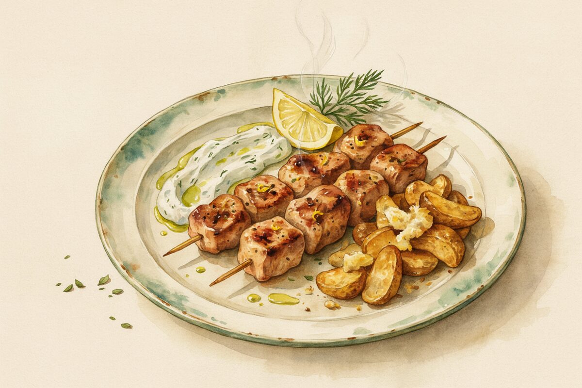 Chicken Thigh Kebabs with Fried Smashed Potatoes & Tzatziki